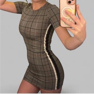 Divided Plaid Mini Dress in Black and Brown